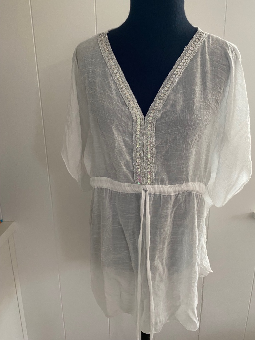 One Size Swimsuit Cover-up, Sheer White, White sequins